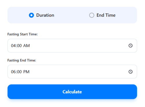 Fasting calculator showing fasting start and end time